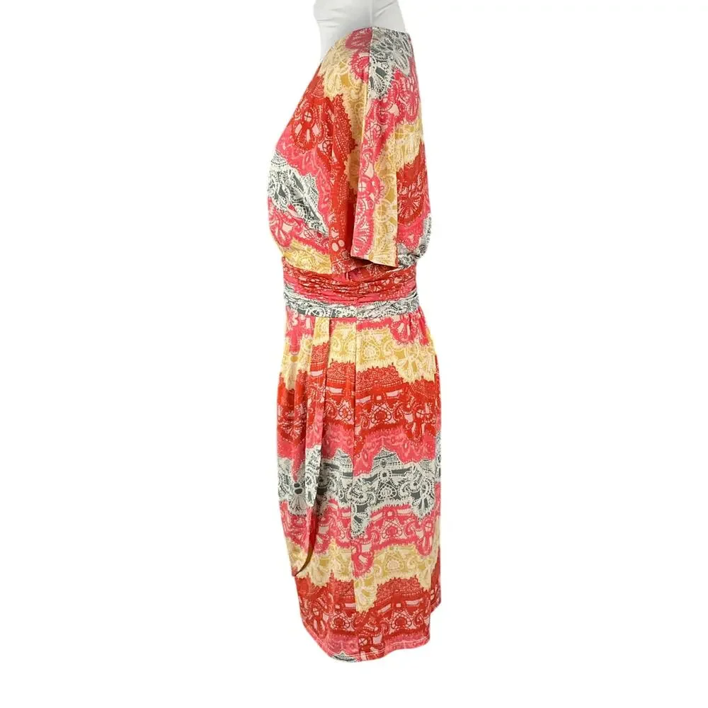 BCBG MAXAZRIA Wrap Dress Tereza Boho Art sz S Red White Yellow Medallion Print - Picture 6 of 16